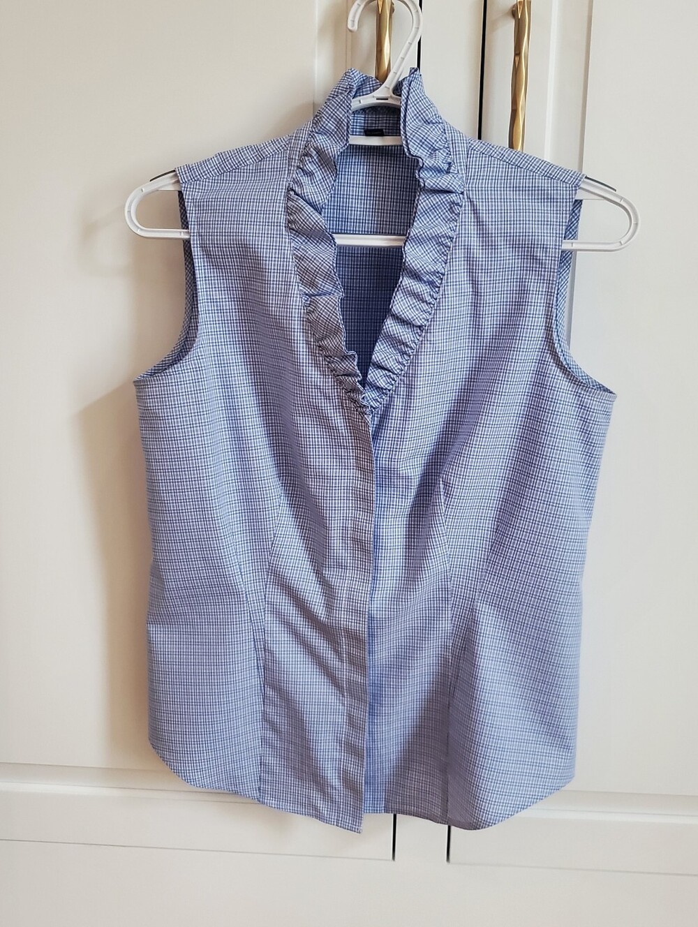 Brooks Brothers Sleeveless Ruffle Collar Blue Check Women's Blouse